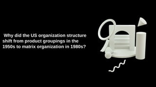 Why did the US organization structure
shift from product groupings in the
1950s to matrix organization in 1980s?
 
