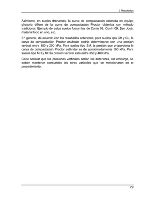 3 Resultados
29
Asimismo, en suelos drenantes, la curva de compactación obtenida en equipo
giratorio difiere de la curva de compactación Proctor obtenida con método
tradicional. Ejemplo de estos suelos fueron los de Conín 08, Conín 09, San José,
material todo en uno, etc.
En general, de acuerdo con los resultados anteriores, para suelos tipo CH y CL, la
curva de compactación Proctor estándar podría determinarse con una presión
vertical entre 150 y 200 kPa. Para suelos tipo SM, la presión que proporciona la
curva de compactación Proctor estándar es de aproximadamente 100 kPa. Para
suelos tipo MH y MH la presión vertical está entre 350 y 400 kPa.
Cabe señalar que las presiones verticales serían las anteriores, sin embargo, se
deben mantener constantes las otras variables que se mencionaron en el
procedimiento.
 