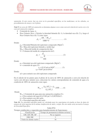 N
UNIVERSIDAD NACIONAL DE INGENIERÍA
FACULTAD DE INGENIERÍA CIVIL
PRIMER TALLER DE MECANICA DE SUELOS – MARZO 2006
8
saturación. Si esto ocurre, hay un error en la gravedad específica, en las mediciones, en los cálculos, en
procedimientos de ensayo o en el ploteo.
Nota 9: La curva de 100% de saturación se denomina algunas veces como curva de relación de vacíos cero o la
curva de saturación completa.
• Contenido de Agua, w.
• Peso Unitario Seco.- Calcular la densidad húmeda (Ec 1), la densidad seca (Ec 2) y luego el
Peso Unitario Seco (Ec 3) como sigue:
V
MM mdt
m
*1000
)( −
=ρ …………………(1)
Donde:
m = Densidad Húmeda del espécimen compactado (Mg/m3
)
Mt = Masa del espécimen húmedo y molde (kg)
Mmd = Masa del molde de compactación (kg)
V = Volumen del molde de compactación (m3)
100
1
W
m
d
+
=
ρ
ρ ……………………….(2)
Donde:
d = Densidad seca del espécimen compactado (Mg/m3
)
w = contenido de agua (%)
d = 62,43 pd en lbf/ft3
………… (3)
d = 9,807 pd en kN/m3
Donde:
d = peso unitario seco del espécimen compactado.
En el cálculo de los puntos para el ploteo de la curva de 100% de saturación o curva de relación de
vacíos cero del peso unitario seco, seleccione los valores correspondientes de contenido de agua a la
condición de 100% de saturación como sigue:
100
))((
))((
x
G
G
W
Sd
dSW
Sat
γ
γγ −
= ……(4)
Donde:
Wsat = Contenido de agua para una saturación completa (%).
w = Peso unitario del agua 62,43 lbf/ pie3
ó (9,807kN/m3
).
d = Peso unitario seco del suelo.
Gs = Gravedad específica del suelo.
Nota 10.- La gravedad específica puede ser calculada para los especimenes de prueba en base de datos de
ensayos de otras muestras de la misma clasificación de suelo y origen. De otro modo sería necesario el ensayo
de Gravedad Específica.
Tabla Nº01
Tiempos establecidos y requeridos para humedecimiento de Especimenes
Clasificación Tiempo de permanencia mínimo en horas
GW, GP, SW, SP No se requiere
GM, SM 3
Todos los demás suelos 16
 