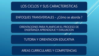 LOS CICLOS Y SUS CARACTERISTICAS
ENFOQUES TRANSVERSALES - ¿Cómo se aborda ?
ORIENTACIONES PARA PLANIFICAR EL PROCESO DE
ENSEÑANZA APRENDIZAJE Y EVALUACION
TUTORIA Y ORIENTACION EDUCATIVA
AREAS CURRICULARES Y COMPETENCIAS
 