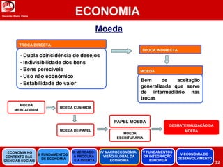 Docente: Elvira Vieira
ECONOMIA
32
Moeda
- Dupla coincidência de desejos
- Indivisibilidade dos bens
- Bens perecíveis
- Uso não económico
- Estabilidade do valor
TROCA DIRECTA
MOEDA
MERCADORIA
TROCA INDIRECTA
Bem de aceitação
generalizada que serve
de intermediário nas
trocas
MOEDA
MOEDA CUNHADA
MOEDA DE PAPEL
PAPEL MOEDA
MOEDA
ESCRITURÁRIA
DESMATERIALIZAÇÃO DA
MOEDA
II FUNDAMENTOS
DE ECONOMIA
III MERCADO:
A PROCURA
E A OFERTA
IV MACROECONOMIA:
VISÃO GLOBAL DA
ECONOMIA
V FUNDAMENTOS
DA INTEGRAÇÃO
EUROPEIA
I ECONOMIA NO
CONTEXTO DAS
CIENCIAS SOCIAIS
V ECONOMIA DO
DESENVOLVIMENTO
 