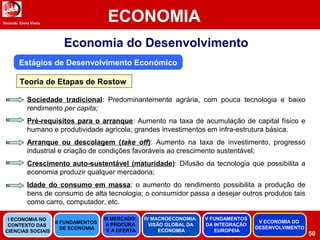 Docente: Elvira Vieira
ECONOMIA
50
Economia do Desenvolvimento
Estágios de Desenvolvimento Económico
Teoria de Etapas de Rostow
Sociedade tradicional: Predominantemente agrária, com pouca tecnologia e baixo
rendimento per capita;
Pré-requisitos para o arranque: Aumento na taxa de acumulação de capital físico e
humano e produtividade agrícola; grandes investimentos em infra-estrutura básica.
Arranque ou descolagem (take off): Aumento na taxa de investimento, progresso
industrial e criação de condições favoráveis ao crescimento sustentável;
Crescimento auto-sustentável (maturidade): Difusão da tecnologia que possibilita a
economia produzir qualquer mercadoria;
Idade do consumo em massa: o aumento do rendimento possibilita a produção de
bens de consumo de alta tecnologia; o consumidor passa a desejar outros produtos tais
como carro, computador, etc.
II FUNDAMENTOS
DE ECONOMIA
III MERCADO:
A PROCURA
E A OFERTA
IV MACROECONOMIA:
VISÃO GLOBAL DA
ECONOMIA
V FUNDAMENTOS
DA INTEGRAÇÃO
EUROPEIA
I ECONOMIA NO
CONTEXTO DAS
CIENCIAS SOCIAIS
V ECONOMIA DO
DESENVOLVIMENTO
 