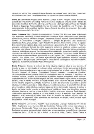 Página 18
bilaterais, da evicção. Das várias espécies de contratos: da compra e venda, da locação, do depósito.
Enriquecimento sem causa. Da responsabilidade civil do particular. Direito material ambiental.
Direito do Consumidor: Noções gerais: Natureza Jurídica do CDC. Relação Jurídica de consumo
(conceito de consumidor e fornecedor). Política Nacional de relações de consumo. Direitos Básicos do
consumidor. Qualidade de Produtos e Serviços, da Prevenção e da Reparação dos Danos: Da Proteção
à Saúde e Segurança. Responsabilidade Civil do fornecedor. Da decadência e da Prescrição. Da
desconsideração da Personalidade Jurídica. Sistema Nacional de defesa do consumidor. Convenção
coletiva de consumo. Lei n.º 8.078/90.
Direito Processual Civil: Princípios constitucionais do Processo Civil. Princípios gerais do Processo
Civil. Ação direta. Declaração incidental de inconstitucionalidade. Ações civis constitucionais. Jurisdição
contenciosa e jurisdição voluntária: distinção. Competência: conceito, espécies, critérios determinativos.
Conflitos de competência. Formação, suspensão e extinção do processo. Atos processuais:
classificação, forma, prazo, tempo e lugar. Procedimento ordinário. Procedimento sumário e especial.
Dos procedimentos especiais. Das Ações reivindicatórias e possessórias. Dos Embargos de Terceiros,
usucapião. Antecipação da tutela de mérito. Julgamento conforme o estado do processo. Audiência.
Sentença e coisa julgada. Recursos: noções gerais, sistema, espécies. Execução: partes, competência,
requisitos, liquidação de sentença. Das diversas espécies de execução, embargos do devedor, execução
contra a Fazenda Pública. Exceção de pré-executividade. Intervenção. Do Processo cautelar. Mandado
de Segurança (individual e coletivo). Mandado de Injunção. “Habeas Data”. Tutela antecipada nas ações
coletivas. Ação popular. Ação Civil Pública. Ação Monitória. Ação Declaratória Incidental. Execução
Fiscal. Ação de desapropriação. Uniformização de jurisprudência. Declaração de inconstitucionalidade.
Ação Direta de Inconstitucionalidade. Prazos. Prerrogativas.
Direito Tributário: Definição e conteúdo do direito tributário, noção de tributo e suas espécies. O
imposto, a taxa e a contribuição de melhoria; outras contribuições. Fontes secundárias do Direito
Tributário: decretos regulamentares, as normas complementares a que se refere o artigo 100 do Código
Tributário Nacional. O Sistema Constitucional Tributário Brasileiro, competências tributárias,
discriminação das receitas tributárias, limitações constitucionais ao poder de tributar. O fato gerador da
obrigação tributária. Obrigação tributária principal e acessória, hipótese de incidência e fato imponível.
Capacidade tributária. Sujeito ativo da obrigação tributária, parafiscalidade. Sujeito passivo da obrigação
tributária, direto e indireto. Imunidade e isenção tributária, anistia. O crédito tributário, constituição do
crédito tributário; lançamento, definição, modalidade e efeitos do lançamento; suspensão do crédito
tributário, modalidades; extinção do crédito tributário, modalidades; exclusão do crédito tributário. Dívida
ativa, inscrição do crédito tributário, requisitos legais dos termos de inscrição, presunção de certeza e
liquidez da dívida inscrita, emendas e substituições de certidão de dívida ativa. Infrações e sanções
tributárias. Conceito e natureza jurídica do ilícito tributário e dos crimes tributários. Tutela tributária:
procedimento administrativo tributário e processo judicial tributário. A execução fiscal. Mandado de
segurança, ação anulatória de débito fiscal, ação de repetição de indébito tributário, ação de
consignação em pagamento, ação declaratória de inexistência de relação jurídico tributária. Ação
cautelar fiscal. Tributos municipais.
Direito Financeiro: Lei Federal n.º 4.320/64 e suas atualizações. Legislação Federal: Lei n.º 8.666 de
1993 - Regulamenta o art. 37, inciso XXI, da Constituição Federal, institui normas para licitações e
contratos da Administração Pública e dá outras providências. Lei Complementar n.º 101 de 2000 -
Estabelece normas de finanças públicas voltadas para a responsabilidade na gestão fiscal e dá outras
providências. Lei n.º 10.520 de 2002 – Institui, no âmbito da União, Estados, Distrito Federal e
 