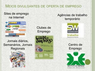 MEIOS DIVULGANTES DE OFERTA DE EMPREGO
Sites de emprego                  Agências de trabalho
    na Internet                       temporário

                      Clubes de
                      Emprego


  Jornais diários,
Semanários, Jornais                      Centro de
    Regionais                            Emprego
 