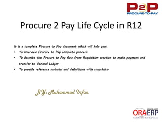 Procure 2 Pay Life Cycle in R12
It is a complete Procure to Pay document which will help you:
• To Overview Procure to Pay complete process.
• To describe the Procure to Pay flow from Requisition creation to make payment and
transfer to General Ledger.
• To provide reference material and definitions with snapshots.
BY: Muhammad Irfan
 