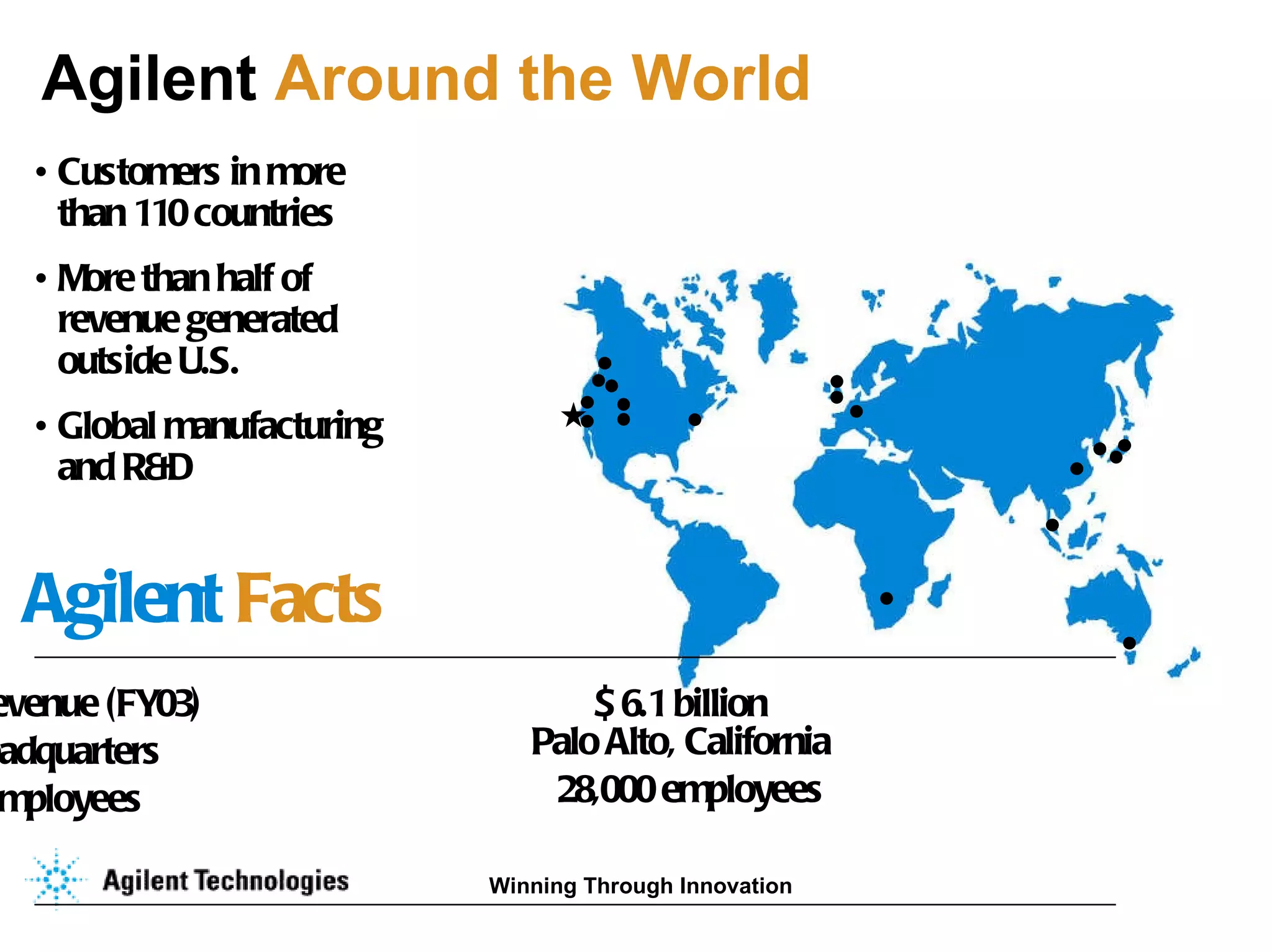 Agilent  Around the World Customers in more  than 110 countries More than half of  revenue generated  outside U.S. Global manufacturing  and R&D Agilent  Facts $ 6.1 billion Net revenue (FY03) Employees 28,000  employees Headquarters Palo Alto, California 