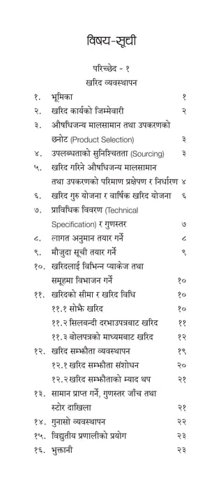 ljifo–;"rL
kl/R5]b – !
vl/b Joj:yfkg
!=	e"ldsf	 !
@=	 vl/b sfo{sf] lhDd]jf/L	 @
#=	 cf}iflwhGo dfn;fdfg tyf pks/0fsf]
5gf]6 (Product Selection)	#
$=	 pknAwtfsf] ;'lglZrttf (Sourcing)	#
%=	 vl/b ul/g] cf}iflwhGo dfn;fdfg
tyf pks/0fsf] kl/df0f k|If]k0f / lgwf{/0f	$
^=	 vl/b u'? of]hgf / jflif{s vl/b of]hgf	 ^
&=	 k|fljlws ljj/0f (Technical
Specification) / u'0f:t/	 &
*=	 Nffut cg'dfg tof/ ug]{	 *
(=	 df}h'bf ;"rL tof/ ug]{	 (
!)=	 vl/bnfO{ ljleGg Kofs]h tyf
;d"xdf ljefhg ug]{	 !)
!!=	 vl/bsf] ;Ldf / vl/b ljlw	 !)
!!=!	;f]e}m vl/b	 !)
!!=@	l;naGbL b/efpkqaf6 vl/b	 !!
!!=#	af]nkqsf] dfWodaf6 vl/b	 !@
!@=	 vl/b ;Demf}tf Joj:yfkg	 !(
!@=!	vl/b ;Demf}tf ;+zf]wg	 @)
!@=@	vl/b ;Demf}tfsf] Dofb yk	 @!
!#= 	;fdfg k|fKt ug]{, u'0f:t/ hfFr tyf
:6f]/ bflvnf	 @!
!$=	 u'gf;f] Joj:yfkg	 @@
!%=	 ljB'tLo k|0ffnLsf] k|of]u	 @#
!^= 	e'QmfgL	 @#
 