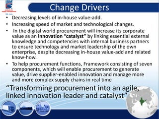Change Drivers
• Decreasing levels of in-house value-add.
• Increasing speed of market and technological changes.
• In the digital world procurement will increase its corporate
value as an innovation “catalyst” by linking essential external
knowledge and competencies with internal business partners
to ensure technology and market leadership of the own
enterprise, despite decreasing in-house value-add and related
know-how.
• To help procurement functions, Framework consisting of seven
components, which will enable procurement to generate
value, drive supplier-enabled innovation and manage more
and more complex supply chains in real time
“Transforming procurement into an agile,
linked innovation leader and catalyst”
12
 