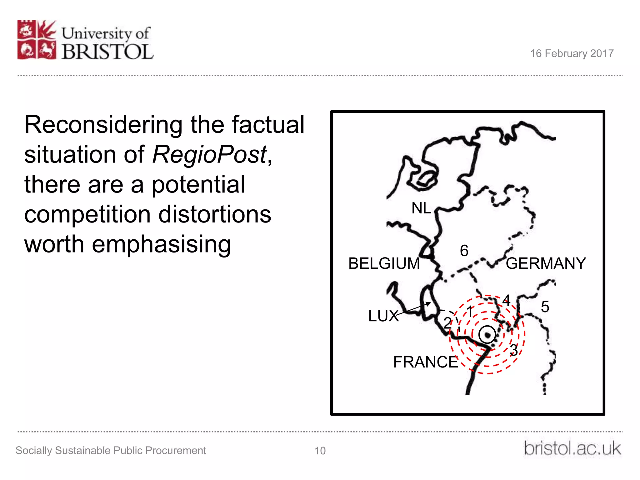 Socially Sustainable Public Procurement 10
16 February 2017
FRANCE
GERMANYBELGIUM
NL
6
5
LUX
4
1
2
3
Reconsidering the factual
situation of RegioPost,
there are a potential
competition distortions
worth emphasising
 