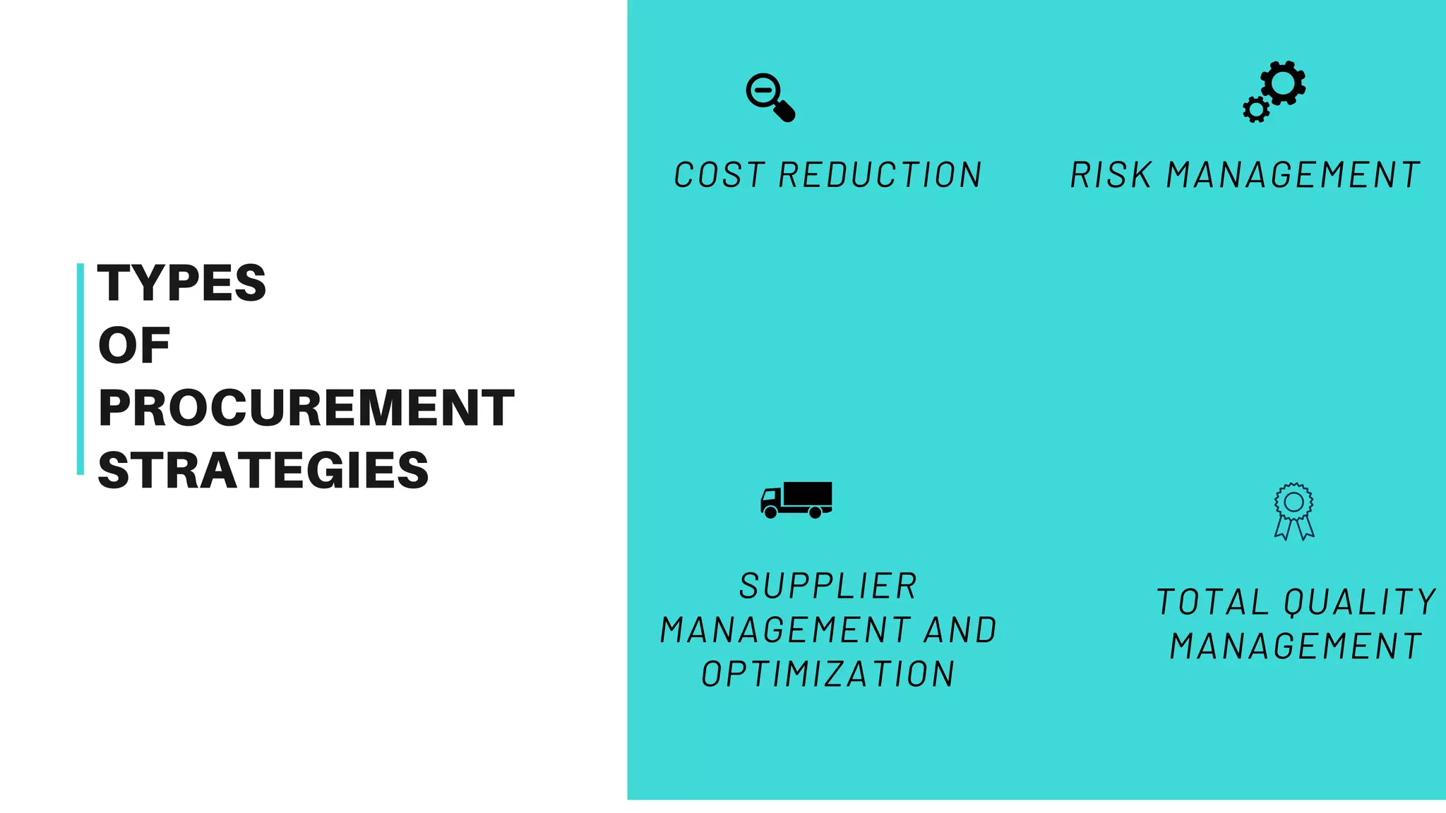 TYPES
OF
PROCUREMENT
STRATEGIES
COST REDUCTION


RISK MANAGEMENT


SUPPLIER
MANAGEMENT AND
OPTIMIZATION


TOTAL QUALITY
MANAGEMENT


 