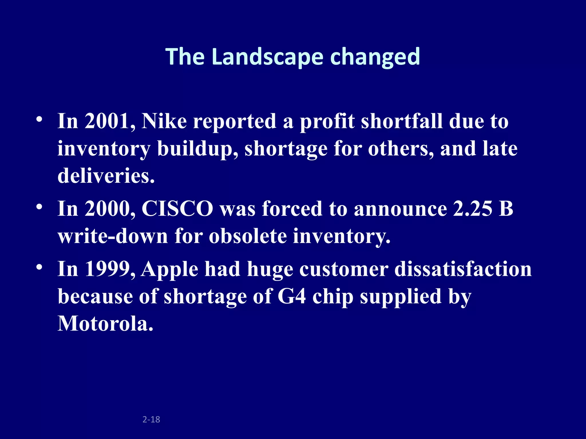 The Landscape changed

• In 2001, Nike reported a profit shortfall due to
  inventory buildup, shortage for others, and late
  deliveries.
• In 2000, CISCO was forced to announce 2.25 B
  write-down for obsolete inventory.
• In 1999, Apple had huge customer dissatisfaction
  because of shortage of G4 chip supplied by
  Motorola.



          2-18
 