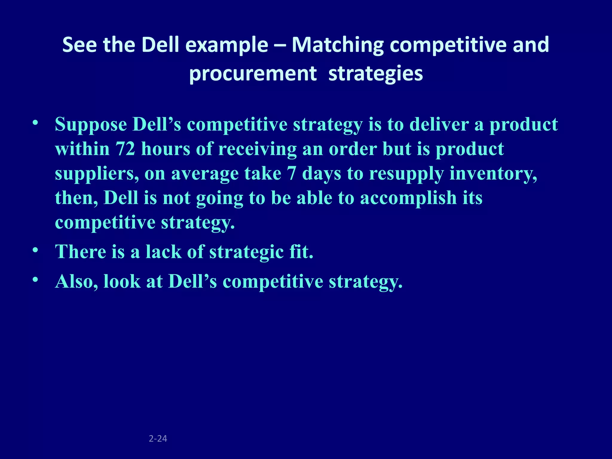 See the Dell example – Matching competitive and
                procurement strategies

• Suppose Dell’s competitive strategy is to deliver a product
  within 72 hours of receiving an order but is product
  suppliers, on average take 7 days to resupply inventory,
  then, Dell is not going to be able to accomplish its
  competitive strategy.
• There is a lack of strategic fit.
• Also, look at Dell’s competitive strategy.




             2-24
 