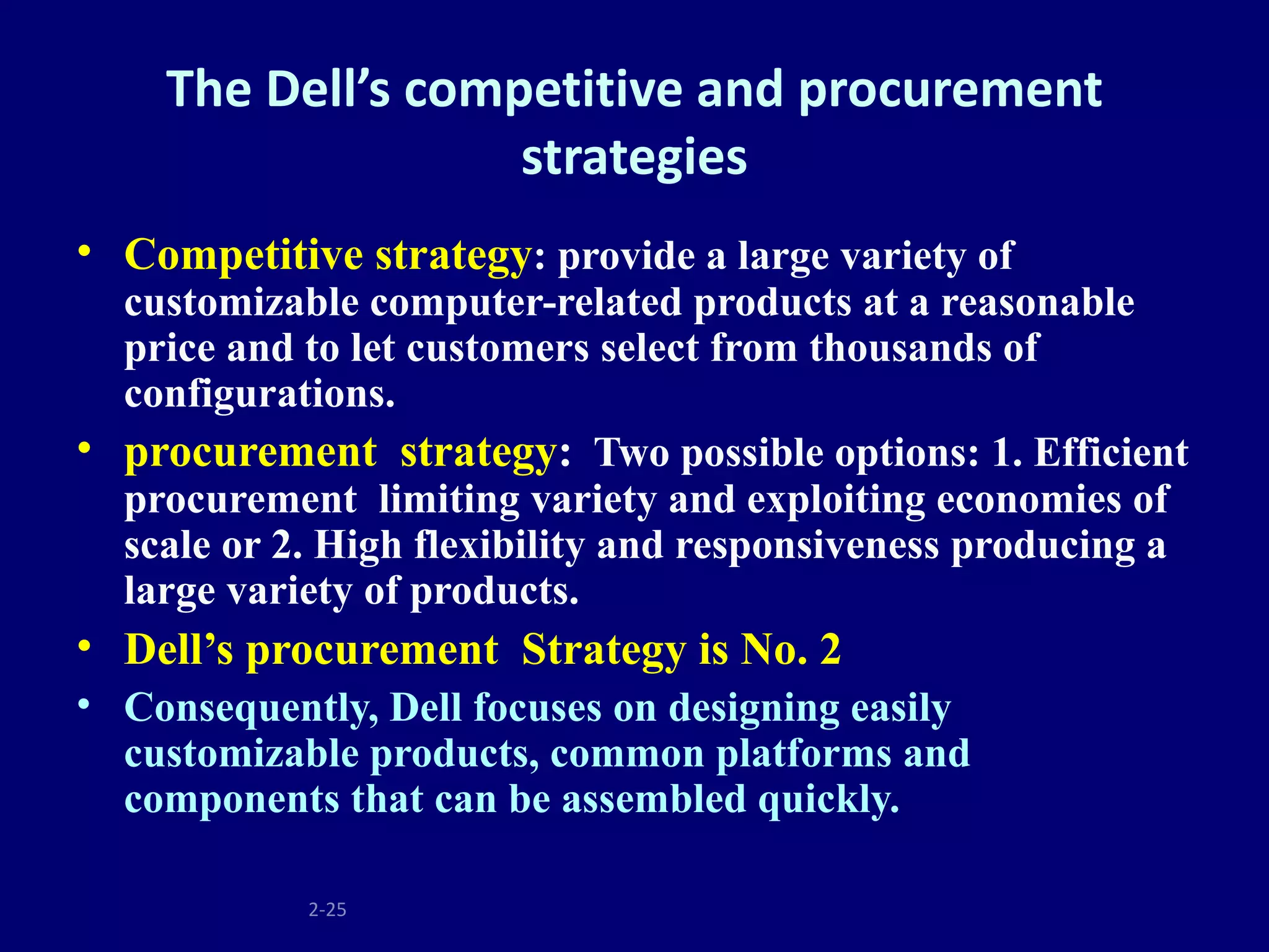 The Dell’s competitive and procurement
                   strategies
• Competitive strategy: provide a large variety of
  customizable computer-related products at a reasonable
  price and to let customers select from thousands of
  configurations.
• procurement strategy: Two possible options: 1. Efficient
  procurement limiting variety and exploiting economies of
  scale or 2. High flexibility and responsiveness producing a
  large variety of products.
• Dell’s procurement Strategy is No. 2
• Consequently, Dell focuses on designing easily
  customizable products, common platforms and
  components that can be assembled quickly.

            2-25
 