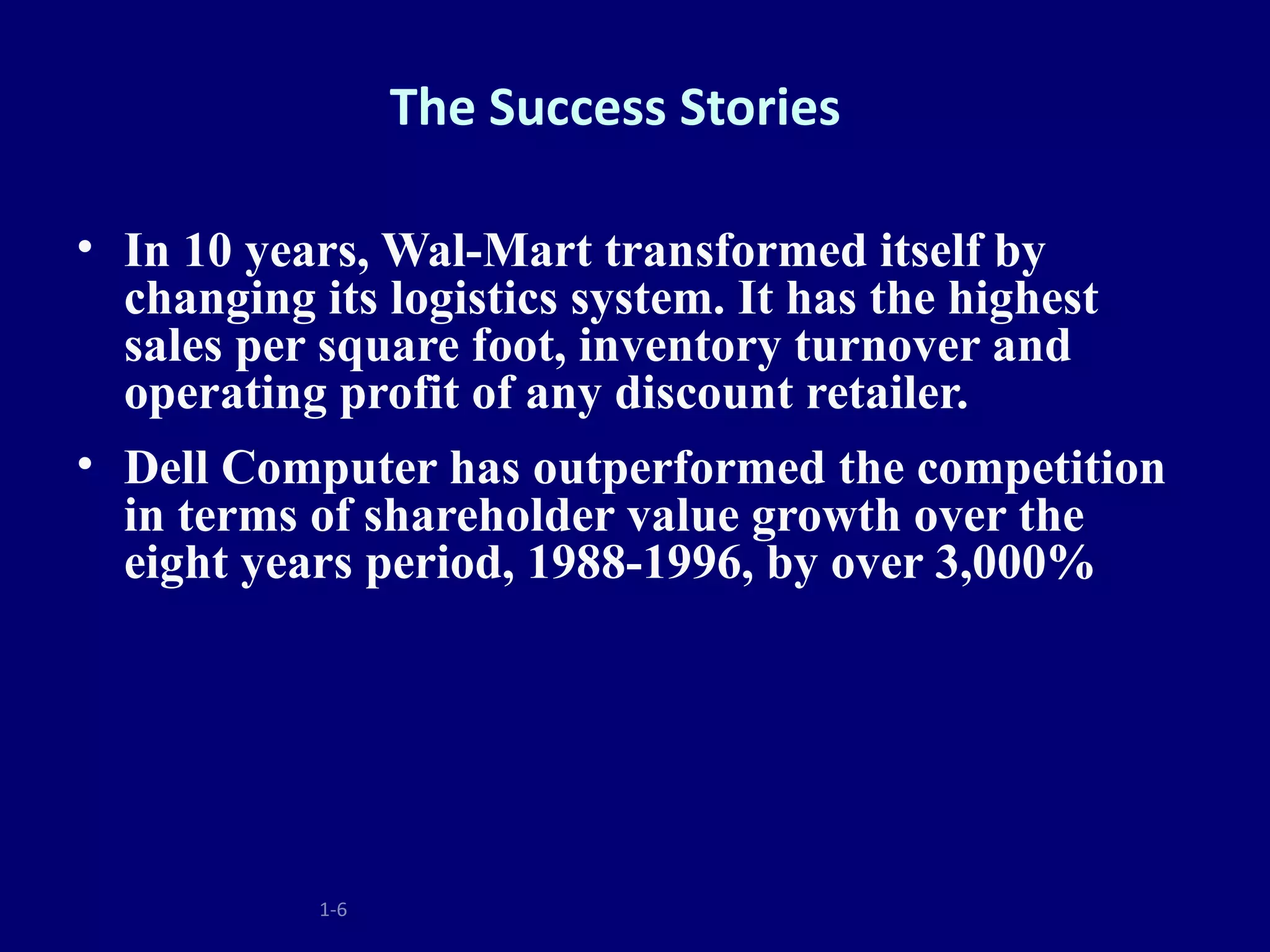 The Success Stories

• In 10 years, Wal-Mart transformed itself by
  changing its logistics system. It has the highest
  sales per square foot, inventory turnover and
  operating profit of any discount retailer.
• Dell Computer has outperformed the competition
  in terms of shareholder value growth over the
  eight years period, 1988-1996, by over 3,000%




           1-6
 