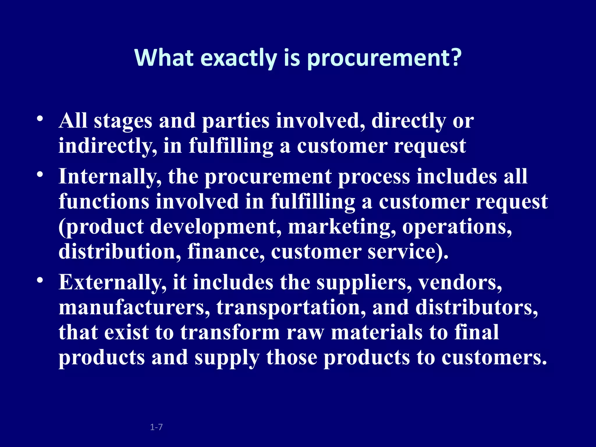 What exactly is procurement?

• All stages and parties involved, directly or
  indirectly, in fulfilling a customer request
• Internally, the procurement process includes all
  functions involved in fulfilling a customer request
  (product development, marketing, operations,
  distribution, finance, customer service).
• Externally, it includes the suppliers, vendors,
  manufacturers, transportation, and distributors,
  that exist to transform raw materials to final
  products and supply those products to customers.

           1-7
 