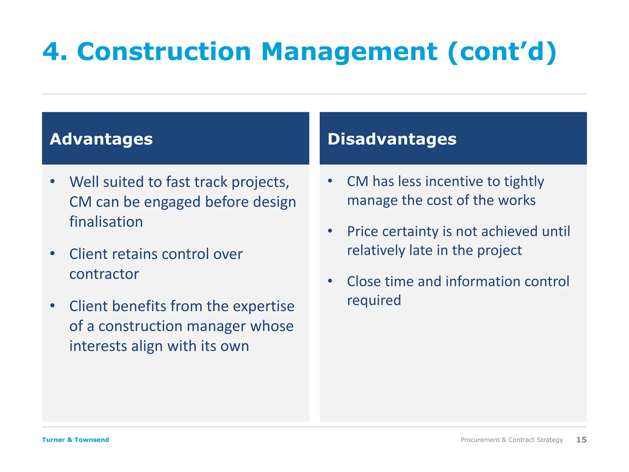 Turner & Townsend
4. Construction Management (cont’d)
• Well suited to fast track projects,
CM can be engaged before design
finalisation
• Client retains control over
contractor
• Client benefits from the expertise
of a construction manager whose
interests align with its own
• CM has less incentive to tightly
manage the cost of the works
• Price certainty is not achieved until
relatively late in the project
• Close time and information control
required
Procurement & Contract Strategy 15
Advantages Disadvantages
 