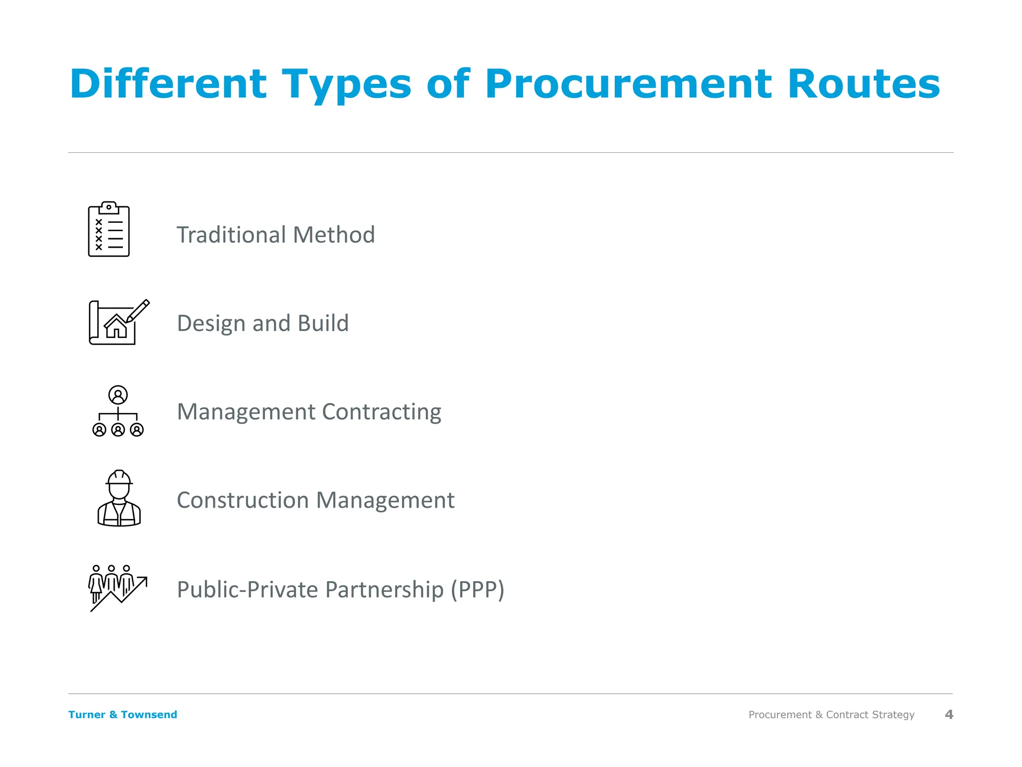 Turner & Townsend
Different Types of Procurement Routes
Procurement & Contract Strategy 4
Traditional Method
Management Contracting
Construction Management
Design and Build
Public-Private Partnership (PPP)
 