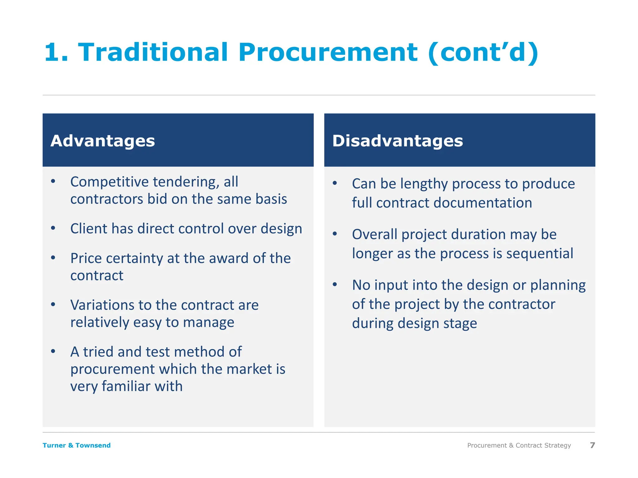 Turner & Townsend
1. Traditional Procurement (cont’d)
• Competitive tendering, all
contractors bid on the same basis
• Client has direct control over design
• Price certainty at the award of the
contract
• Variations to the contract are
relatively easy to manage
• A tried and test method of
procurement which the market is
very familiar with
• Can be lengthy process to produce
full contract documentation
• Overall project duration may be
longer as the process is sequential
• No input into the design or planning
of the project by the contractor
during design stage
Procurement & Contract Strategy 7
Advantages Disadvantages
 