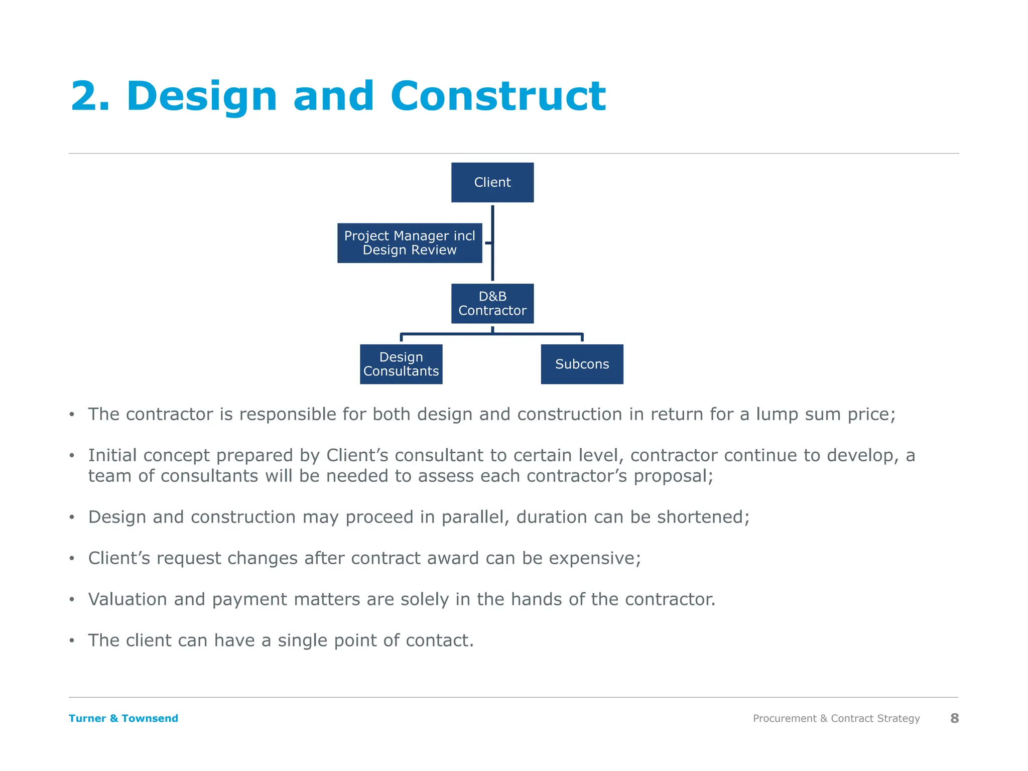 Turner & Townsend
2. Design and Construct
Procurement & Contract Strategy 8
• The contractor is responsible for both design and construction in return for a lump sum price;
• Initial concept prepared by Client’s consultant to certain level, contractor continue to develop, a
team of consultants will be needed to assess each contractor’s proposal;
• Design and construction may proceed in parallel, duration can be shortened;
• Client’s request changes after contract award can be expensive;
• Valuation and payment matters are solely in the hands of the contractor.
• The client can have a single point of contact.
Client
D&B
Contractor
Design
Consultants
Subcons
Project Manager incl
Design Review
 
