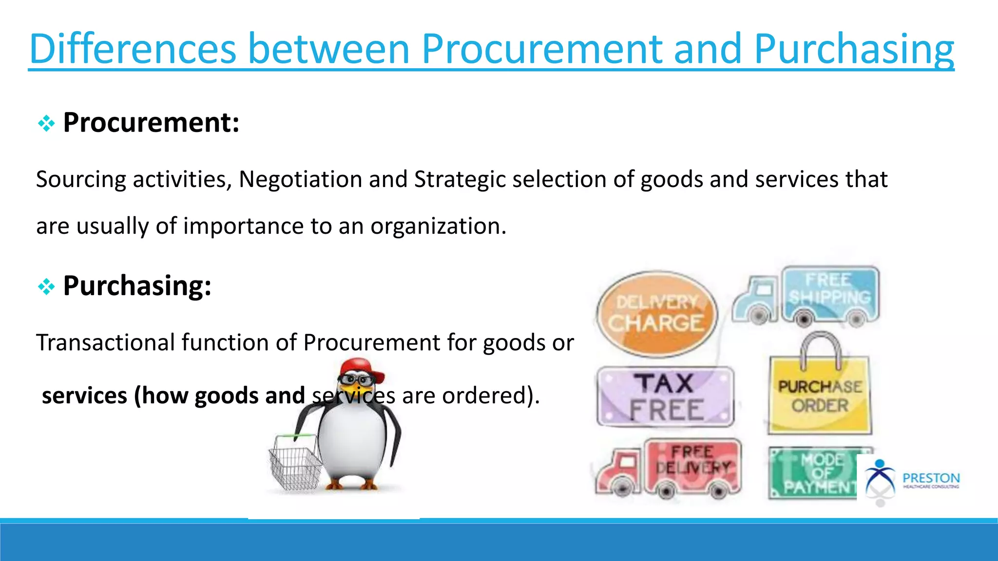 Differences between Procurement and Purchasing
 Procurement:
Sourcing activities, Negotiation and Strategic selection of goods and services that
are usually of importance to an organization.
 Purchasing:
Transactional function of Procurement for goods or
services (how goods and services are ordered).
 