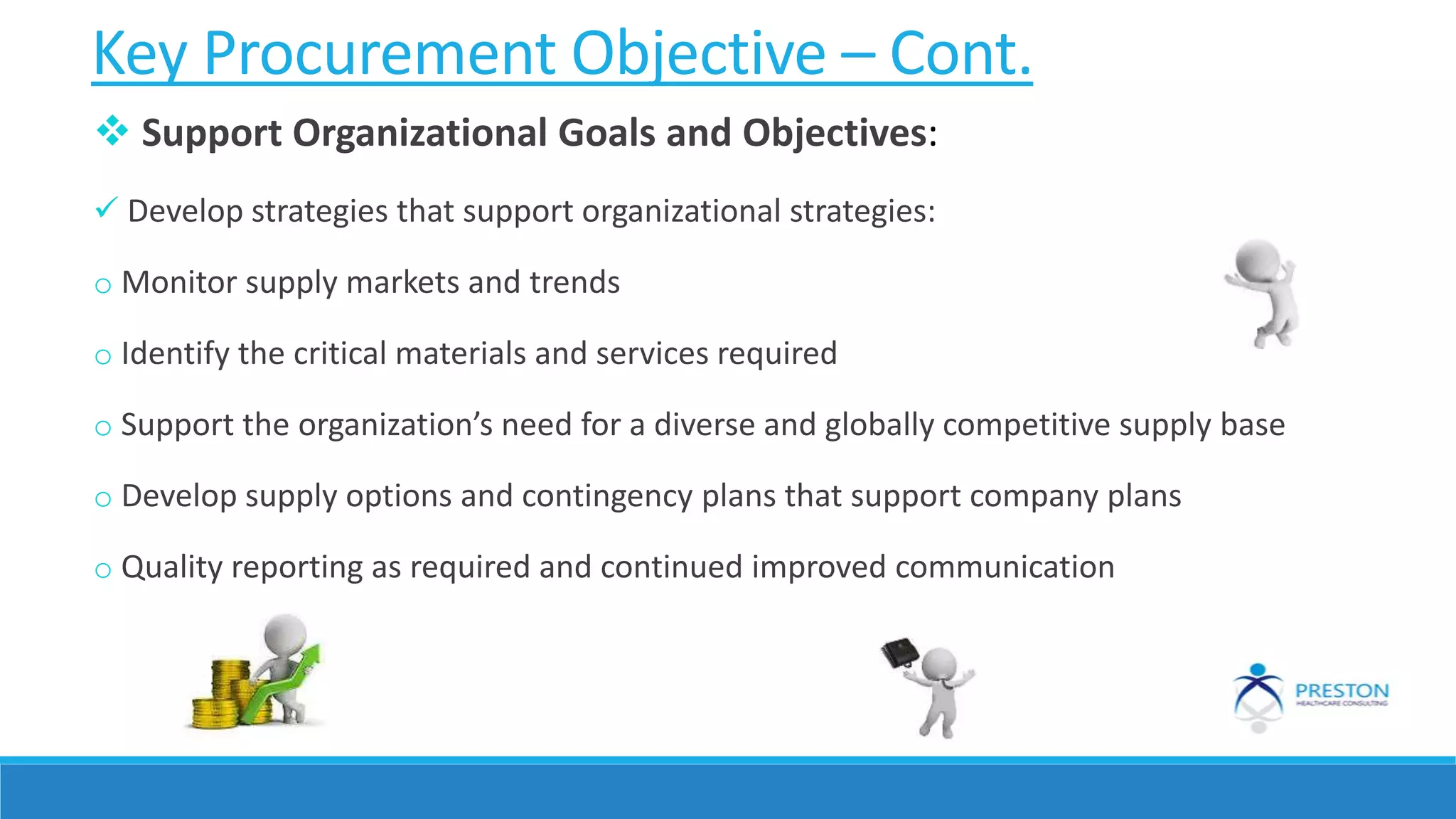 Key Procurement Objective – Cont.
 Support Organizational Goals and Objectives:
 Develop strategies that support organizational strategies:
o Monitor supply markets and trends
o Identify the critical materials and services required
o Support the organization’s need for a diverse and globally competitive supply base
o Develop supply options and contingency plans that support company plans
o Quality reporting as required and continued improved communication
 