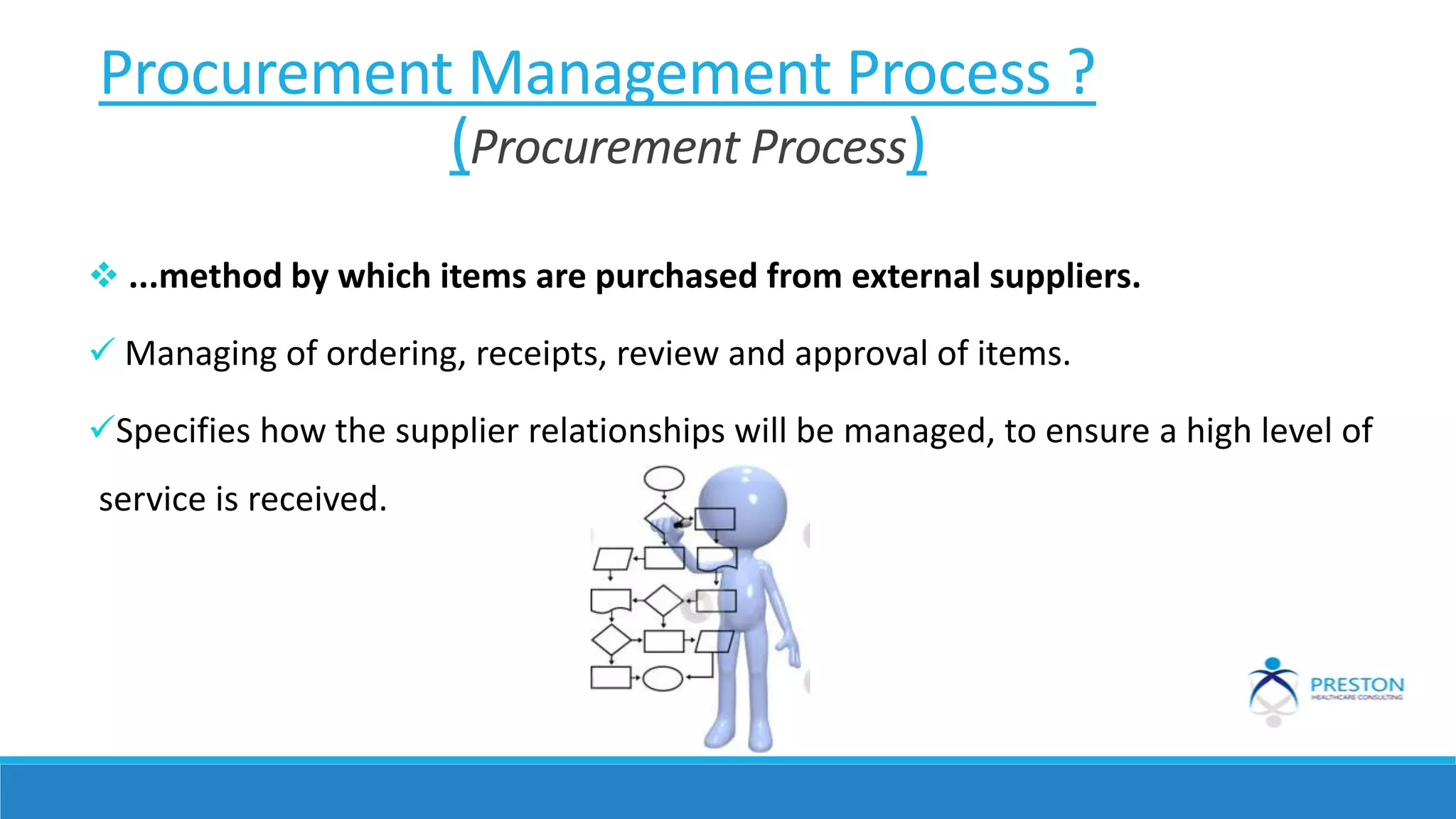 Procurement Management Process ?
(Procurement Process)
 ...method by which items are purchased from external suppliers.
 Managing of ordering, receipts, review and approval of items.
Specifies how the supplier relationships will be managed, to ensure a high level of
service is received.
 
