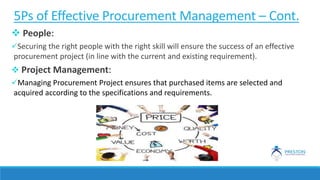 5Ps of Effective Procurement Management – Cont.
 People:
Securing the right people with the right skill will ensure the success of an effective
procurement project (in line with the current and existing requirement).
 Project Management:
Managing Procurement Project ensures that purchased items are selected and
acquired according to the specifications and requirements.
 