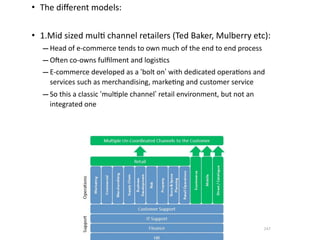 • The	
  diﬀerent	
  models:


• 1.Mid	
  sized	
  mul.	
  channel	
  retailers	
  (Ted	
  Baker,	
  Mulberry	
  etc):
   – Head	
  of	
  e-­‐commerce	
  tends	
  to	
  own	
  much	
  of	
  the	
  end	
  to	
  end	
  process	
  
   – OEen	
  co-­‐owns	
  fulﬁlment	
  and	
  logis*cs
   – E-­‐commerce	
  developed	
  as	
  a	
  ‘bolt	
  on’	
  with	
  dedicated	
  opera*ons	
  and	
  
        services	
  such	
  as	
  merchandising,	
  marke*ng	
  and	
  customer	
  service	
  
     – So	
  this	
  a	
  classic	
  ‘mul*ple	
  channel’	
  retail	
  environment,	
  but	
  not	
  an	
  
        integrated	
  one




                                                                                                              247
 