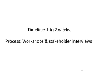 Timeline:	
  1	
  to	
  2	
  weeks

Process:	
  Workshops	
  &	
  stakeholder	
  interviews




                                                  260
 