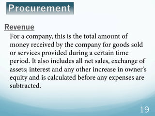 Revenue
For a company, this is the total amount of
money received by the company for goods sold
or services provided during a certain time
period. It also includes all net sales, exchange of
assets; interest and any other increase in owner's
equity and is calculated before any expenses are
subtracted.
19
 