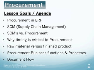 Magal and Word ! Essentials of Business Processes and
Information Systems | © 2009 2
Lesson Goals / Agenda
•  Procurement in ERP
•  SCM (Supply Chain Management)
•  SCM’s vs. Procurement
•  Why timing is critical to Procurement
•  Raw material versus finished product
•  Procurement Business functions & Processes
•  Document Flow
 