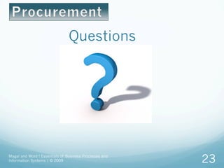 Questions
Magal and Word ! Essentials of Business Processes and
Information Systems | © 2009 23
 