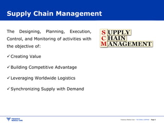 Fresenius Medical Care – THE RENAL COMPANY Page 3
Supply Chain Management
The Designing, Planning, Execution,
Control, and Monitoring of activities with
the objective of:
 Creating Value
 Building Competitive Advantage
 Leveraging Worldwide Logistics
 Synchronizing Supply with Demand
 