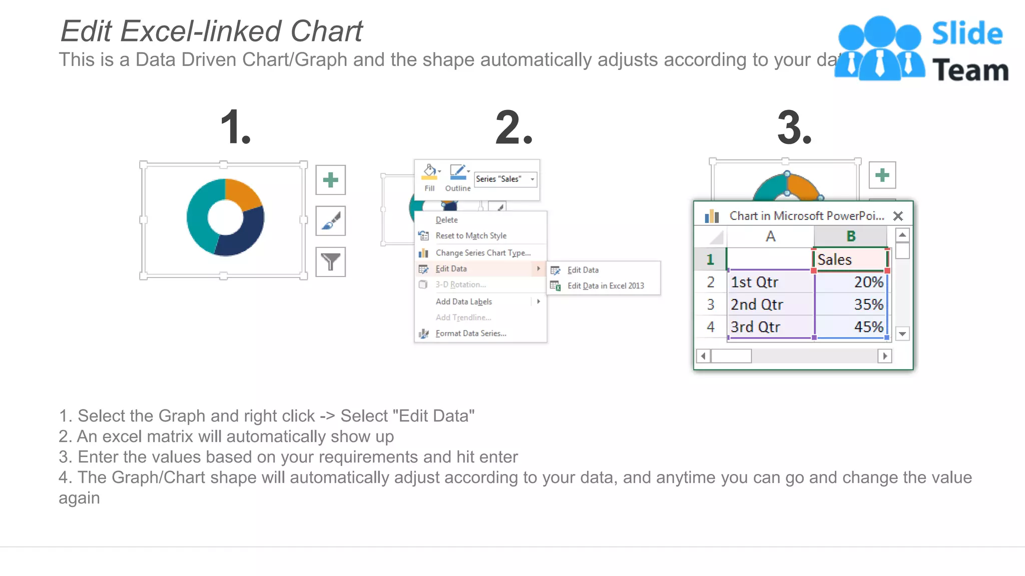 1. Select the Graph and right click -> Select "Edit Data"
2. An excel matrix will automatically show up
3. Enter the values based on your requirements and hit enter
4. The Graph/Chart shape will automatically adjust according to your data, and anytime you can go and change the value
again
Edit Excel-linked Chart
This is a Data Driven Chart/Graph and the shape automatically adjusts according to your data
1 2 3