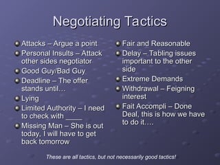 Negotiating Tactics
Negotiating Tactics
Attacks – Argue a point
Attacks – Argue a point
Personal Insults – Attack
Personal Insults – Attack
other sides negotiator
other sides negotiator
Good Guy/Bad Guy
Good Guy/Bad Guy
Deadline – The offer
Deadline – The offer
stands until…
stands until…
Lying
Lying
Limited Authority – I need
Limited Authority – I need
to check with ____
to check with ____
Missing Man – She is out
Missing Man – She is out
today, I will have to get
today, I will have to get
back tomorrow
back tomorrow
Fair and Reasonable
Fair and Reasonable
Delay – Tabling issues
Delay – Tabling issues
important to the other
important to the other
side
side
Extreme Demands
Extreme Demands
Withdrawal – Feigning
Withdrawal – Feigning
interest
interest
Fait Accompli – Done
Fait Accompli – Done
Deal, this is how we have
Deal, this is how we have
to do it….
to do it….
These are all tactics, but not necessarily good tactics!
 