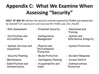 Appendix C:  What We Examine When Assessing “Security” NIST SP 800-53 defines the security controls required by FISMA (as summarized by SecureIT at: www.secureit.com/resources/WP_FISMA_and_SAS_70.pdf):