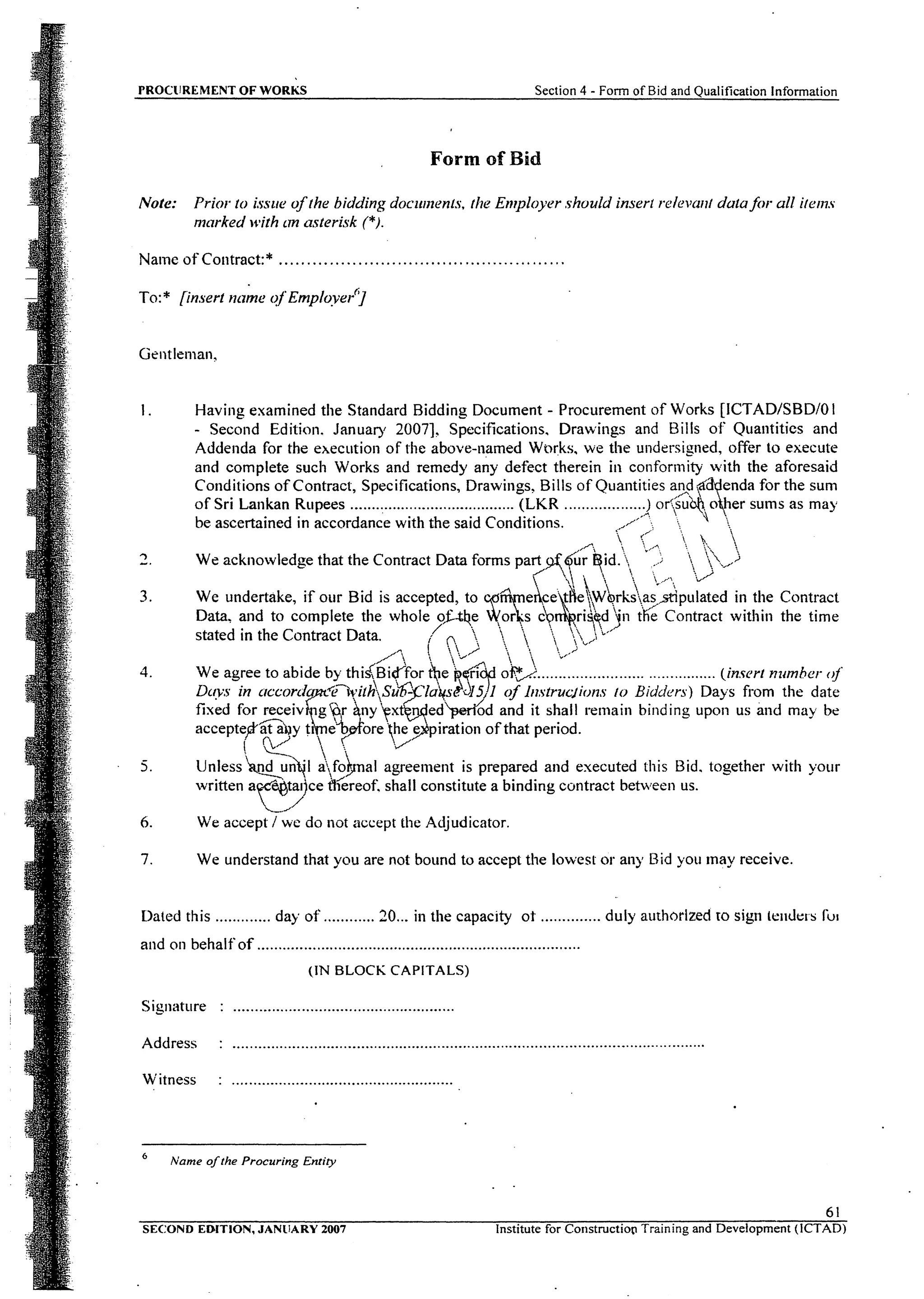 Procurement of work ICTAD sbd 01 2007 | PDF