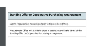 Standing Offer or Cooperative Purchasing Arrangement
Submit Procurement Requisition Form to Procurement Office.
Procurement Office will place the order in accordance with the terms of the
Standing Offer or Cooperative Purchasing Arrangement.
 