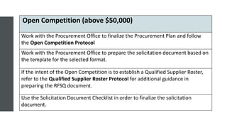 Open Competition (above $50,000)
Work with the Procurement Office to finalize the Procurement Plan and follow
the Open Competition Protocol
Work with the Procurement Office to prepare the solicitation document based on
the template for the selected format.
If the intent of the Open Competition is to establish a Qualified Supplier Roster,
refer to the Qualified Supplier Roster Protocol for additional guidance in
preparing the RFSQ document.
Use the Solicitation Document Checklist in order to finalize the solicitation
document.
 
