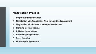 Negotiation Protocol
1. Purpose and Interpretation
2. Negotiation with Supplier in a Non-Competitive Procurement
3. Negotiation with Bidders in a Competitive Process
4. Planning for Negotiations
5. Initiating Negotiations
6. Conducting Negotiations
7. Recordkeeping
8. Finalizing the Agreement
 