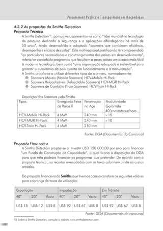 18
Procurement Público e Transparência em Moçambique
4.3.2 As propostas da Smiths Detection
Proposta Técnica
A Smiths Detection10
,  por sua vez, apresentou-se como “líder mundial na tecnologia
de pesquisa dedicada à segurança e a aplicações alfandegárias há mais de
50 anos”, tendo desenvolvido e adaptado “scanners que combinam eficiência,
desempenho e eficácia de custos”. Esta multinacional, justificando ter compreendido
“as particulares necessidades e constrangimentos dos países em desenvolvimento”,
referia ter concebido programas que facultam a esses países um acesso mais fácil
à moderna tecnologia, bem como “uma organização adequada e sustentável para
garantir a autonomia do país quanto ao funcionamento e à manutenção”.   
A Smiths propôs-se a utilizar diferentes tipos de scanners, nomeadamente:
§	 Scanners Móveis (Mobile Scanners) HCV-Mobile Hi-Pack
§	 Scanners Relocalizáveis (Relocatable Scanners) HCV-MGR Hi-Pack
§	 Scanners de Comboio (Train Scanners) HCV-Train Hi-Pack
Descrição dos Scanners pela Smiths
Tipos Energia do Feixe
de Raios X
Penetração
no Aço
Produtividade
Garantida
40”contentores/hora
HCV-Mobile Hi-Pack 4 MeV 240 mm » 15
HCV-MGR Hi-Pack 4 MeV 270 mm » 10
HCV-Train Hi-Pack 4 MeV 210 mm
Fonte: DGA (Documentos do Concurso)
Proposta Financeira
A Smiths Detection propôs-se a  investir USD 150 000,00 por ano para financiar
“um Fundo de Construção de Capacidade”, o qual ficaria à disposição da DGA
para que esta pudesse financiar os programas que pretender. De acordo com a
proposta técnica , as receitas arrecadadas com as taxas cobririam ainda os custos
arcados.
Da proposta financeira da Smiths que tivemos acesso constam os seguintes valores
para cobrança de taxas de utilização:
Exportação Importação Em Trânsito
40” 20” Vazio 40” 20” Vazio 40” 20” Vazio
US$ 18 US$ 12 US$ 8 US$ 92 US$ 67 US$ 8 US$ 92 US$ 67 US$ 8
Fonte: DGA (Documentos do concurso)
10	Sobre a Smiths Detection, consulte o website www.smithsdetection.com
 