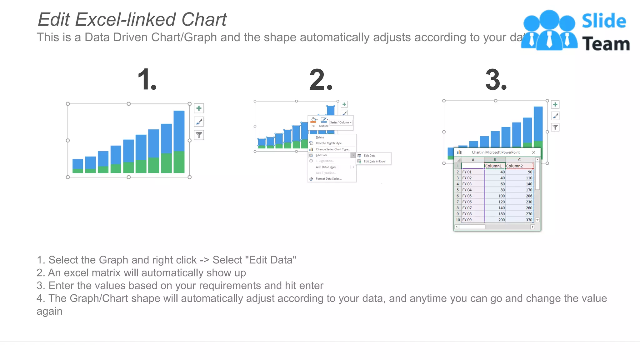 1. Select the Graph and right click -> Select "Edit Data"
2. An excel matrix will automatically show up
3. Enter the values based on your requirements and hit enter
4. The Graph/Chart shape will automatically adjust according to your data, and anytime you can go and change the value
again
Edit Excel-linked Chart
This is a Data Driven Chart/Graph and the shape automatically adjusts according to your data
1 2 3