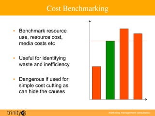marketing management consultants
Cost Benchmarking	

•  Benchmark resource
use, resource cost,
media costs etc
•  Useful for identifying
waste and inefficiency
•  Dangerous if used for
simple cost cutting as
can hide the causes
 