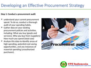 Developing an Effective Procurement Strategy
Step 1: Conduct a procurement audit
 understand your current procurement
spend. To do so, conduct a thorough
audit of your spending habits.
 Gather data on your existing
procurement policies and activities,
including: What you buy (goods and
services), Who you buy from (suppliers)
How much you spend (total cost)
 Analyze this data to identify areas of
high spending, potential cost-saving
opportunities, and any instances of
maverick spending (unauthorized
purchases).
 