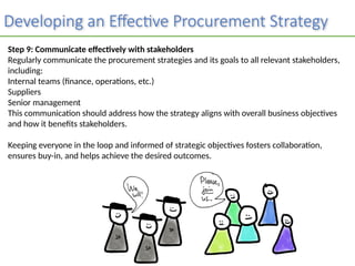 Developing an Effective Procurement Strategy
Step 9: Communicate effectively with stakeholders
Regularly communicate the procurement strategies and its goals to all relevant stakeholders,
including:
Internal teams (finance, operations, etc.)
Suppliers
Senior management
This communication should address how the strategy aligns with overall business objectives
and how it benefits stakeholders.
Keeping everyone in the loop and informed of strategic objectives fosters collaboration,
ensures buy-in, and helps achieve the desired outcomes.
 