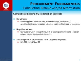 P ROCUREMENT F UNDAMENTALS
C ONDUCTING B IDDING AND / OR N EGOTIATION
Competitive Bidding VS Negotiation (caveat)


Bid Where:




Negotiate Where:




few suppliers, not enough time, lack of clear specification and selection
criteria, strong likelihood of changes...

Soliciting quotes or proposals from suppliers requires:


COPYRIGHT© TO BUSINESS SERVICES
SUPPORT LIMITED 2011

lot of suppliers, you have time, value of savings justify costs,
specification is clear, selection criteria is clear, no likelihood of changes...

RFI, RFQ, RFP, ITB or ITT

13

 