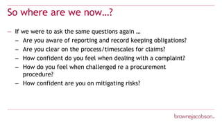 So where are we now…?
— If we were to ask the same questions again …
– Are you aware of reporting and record keeping obligations?
– Are you clear on the process/timescales for claims?
– How confident do you feel when dealing with a complaint?
– How do you feel when challenged re a procurement
procedure?
– How confident are you on mitigating risks?
 