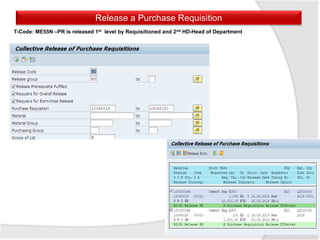 Release a Purchase Requisition
T-Code: ME55N –PR is released 1st level by Requisitioned and 2nd HD-Head of Department
 