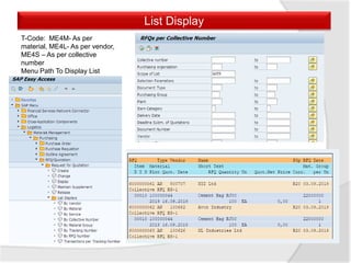 List Display
T-Code: ME4M- As per
material, ME4L- As per vendor,
ME4S – As per collective
number
Menu Path To Display List
 