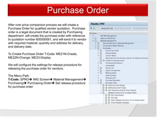 Purchase Order
After over price comparison process we will create a
Purchase Order for qualified vendor quotation. Purchase
order is a legal document that is created by Purchasing
department will create the purchase order with reference
to quotation number 600000061, and will send it to vendor
with required material, quantity and address for delivery,
and delivery date.
To Create Purchase Order T-Code: ME21N-Create,
ME22N-Change, ME23-Display
We will configure the settings for release procedure for
releasing the purchase order for vendors.
The Menu Path
T-Code: SPRO IMG Screen Material Management
Purchasing Purchasing Order Set release procedure
for purchase order
 